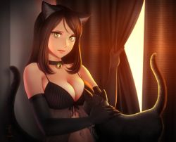Rule 34 | 1girl, animal, animal ear fluff, animal ears, babydoll, bare shoulders, black cat, black gloves, breasts, brown hair, cat, cat ears, cat girl, cat tail, cleavage, collar, collarbone, commentary request, curtains, elbow gloves, gloves, highres, horiishi horuto, large breasts, light, long hair, looking at viewer, navel, original, parted lips, petting, pink lips, solo, tail, underwear, underwear only, upper body, yellow eyes