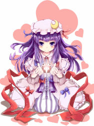 Rule 34 | 1girl, absurdres, bad id, bad pixiv id, blush, crescent, crystal ball, female focus, full body, gift, hat, heart, highres, kneeling, long hair, patchouli knowledge, purple eyes, purple hair, ribbon, smile, solo, toor 0111, touhou, white background