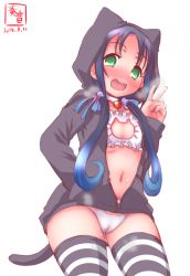 Rule 34 | 10s, 1girl, 2016, animal ears, animal hood, bell, blue hair, blush, bra, breath, cameltoe, cat cutout, cat ear panties, cat ears, cat hood, cat lingerie, cat tail, choker, cleavage cutout, clothing cutout, collar, dated, frilled bra, frills, full-face blush, green eyes, hand in pocket, heart, heart-shaped pupils, highres, hood, hoodie, jingle bell, kanon (kurogane knights), kantai collection, long hair, long sleeves, looking at viewer, low twintails, meme attire, navel, neck bell, open mouth, panties, ribbon, simple background, smile, solo, steam, stomach, striped clothes, striped thighhighs, suzukaze (kancolle), sweat, symbol-shaped pupils, tail, thighhighs, twintails, underwear, v, white background, white bra, white panties, zipper