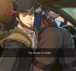 Rule 34 | 2boys, algaebog, beard, brown hair, brown pants, car interior, cowboy hat, drive-thru, english text, facial hair, graves (league of legends), hat, he wants to order (meme), head tilt, highres, league of legends, leg belt, long hair, looking at viewer, lying on person, male focus, mature male, meme, multiple boys, muscular, muscular male, pants, selfie, shirt, smile, snapchat, thighs, twisted fate