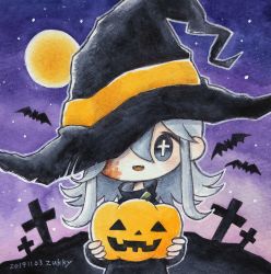 Rule 34 | + +, 1girl, bat (animal), black hat, dated, grey eyes, grey hair, hair over one eye, halloween, hat, highres, jack-o&#039;-lantern, long hair, night, open mouth, original, outline, signature, smile, solo, upper body, white outline, witch hat, zukky000