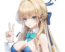 Rule 34 | 1girl, artist name, bare shoulders, blonde hair, blue archive, blue bow, blue bowtie, blue eyes, blue hair, bow, bowtie, braid, breasts, cleavage, closed mouth, collarbone, detached collar, expressionless, french braid, hair bow, halo, leotard, long hair, looking at viewer, medium breasts, meoyo, multicolored hair, official alternate costume, playboy bunny, simple background, toki (blue archive), toki (bunny) (blue archive), upper body, v, white background, wrist cuffs