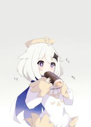 Rule 34 | 1girl, blush, commentary request, dress, eating, food, fuuna, genshin impact, grey background, halo, hands up, highres, holding, holding food, long sleeves, looking away, paimon (genshin impact), purple eyes, setsubun, simple background, solo, white dress, white hair, wide sleeves