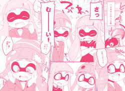 Rule 34 | 2girls, beanie, blunt bangs, blush, close-up, closed eyes, crossed arms, eromame, fang, hand on own face, hat, hood, hooded sweater, inkling, inkling girl, inkling player character, monochrome, multiple girls, nintendo, pink theme, shirt, short sleeves, smile, splatoon (series), splatoon 1, sweater, t-shirt, tentacle hair, tooth, twintails