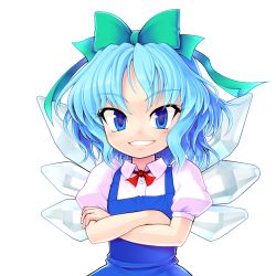 Rule 34 | 1girl, blue eyes, blue hair, bow, cirno, crossed arms, ebizome, grin, hair bow, matching hair/eyes, simple background, smile, solo, touhou, white background, wings