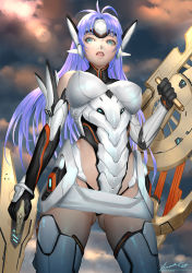 Rule 34 | 1girl, ariverkao, blue eyes, breasts, cloud, cowboy shot, elbow gloves, forehead protector, from below, gloves, headgear, kos-mos, kos-mos re:, large breasts, leotard, lips, long hair, looking to the side, overcast, parted lips, purple hair, signature, sky, solo, standing, thighhighs, turtleneck, weapon, xenoblade chronicles (series), xenoblade chronicles 2, xenosaga