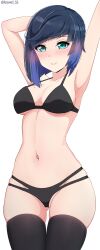 Rule 34 | 1girl, absurdres, alternate costume, arm behind head, armpits, arms up, bikini, black bikini, black hair, black thighhighs, blunt bangs, blush, braid, breasts, cleavage, collarbone, commentary, crown braid, english commentary, genshin impact, gluteal fold, gradient hair, green eyes, groin, highres, looking at viewer, medium breasts, mole, mole on breast, mole on crotch, mole on leg, mole on stomach, multicolored hair, navel, parted bangs, parted lips, roswell ss, short hair, sidelocks, simple background, single braid, sleeveless, solo, stomach, stretching, swimsuit, thighhighs, two-tone hair, white background, yelan (genshin impact)