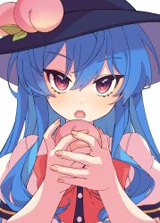 Rule 34 | 1girl, absurdres, black headwear, blue hair, blush, buttons, e sdss, fingernails, food, fruit, fruit hat ornament, hair between eyes, hat ornament, highres, hinanawi tenshi, holding, holding food, holding fruit, long hair, open mouth, peach hat ornament, puffy short sleeves, puffy sleeves, red eyes, shirt, short sleeves, simple background, solo, touhou, upper body, white background, white shirt