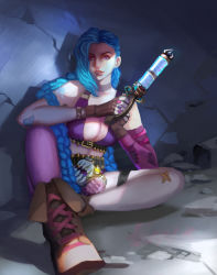 Rule 34 | 1girl, absurdres, arm tattoo, belt, blue hair, boots, braid, breasts, cleavage, female focus, gloves, highres, jinx (league of legends), league of legends, long hair, pink eyes, shorts, single thighhigh, sitting, solo, tattoo, thighhighs, twin braids