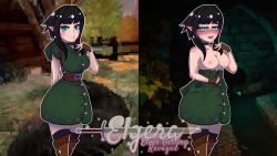 Rule 34 | 1girl, black hair, boots, breasts, buttons, clickrisky, clothes around waist, dress, elf, elgera, fantasy, grass, green dress, green eyes, multiple girls, nail polish, petite, pixel art, plant, pointy ears, rock, sewer, short hair, sword, terra (elgera), thigh boots, thighhighs, tree, vines, weapon