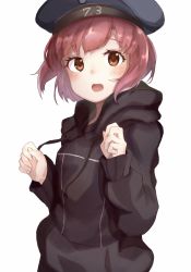 Rule 34 | 10s, 1girl, absurdres, alternate costume, black hat, black jacket, brown eyes, brown hair, clenched hands, clothes writing, hat, highres, jacket, kantai collection, long sleeves, open mouth, ranf, sailor hat, short hair, solo, z3 max schultz (kancolle)