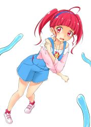 Rule 34 | 1girl, ahoge, blue hairband, blue overalls, blunt bangs, collarbone, full body, hairband, highres, hoshina hikaru, kanichiri, long hair, long sleeves, looking at viewer, off-shoulder shirt, off shoulder, open mouth, overalls, pink shirt, precure, red eyes, red hair, scared, shirt, shoes, simple background, sneakers, solo, standing, star twinkle precure, tentacles, wavy mouth, white background