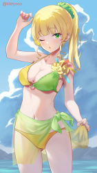 Rule 34 | 1girl, ;o, arm up, bikini, blonde hair, blue sky, breasts, cowboy shot, green bikini, green eyes, green scrunchie, hair ornament, hair scrunchie, heanna sumire, kitatyoco, looking at viewer, love live!, love live! superstar!!, medium breasts, multicolored bikini, multicolored clothes, navel, one eye closed, outdoors, parted lips, ponytail, sarong, scrunchie, sky, solo, stomach, swimsuit, thighs, yellow bikini