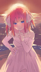 Rule 34 | 1girl, absurdres, bare shoulders, blue eyes, blue nails, butterfly hair ornament, collarbone, dress, evening, go-toubun no hanayome, gradient nails, hair ornament, hand on own hip, highres, leaning forward, medium hair, multicolored nails, nail polish, nakano nino, ocean, outdoors, pinky out, purple nails, red hair, solo, standing, strapless, strapless dress, sun, two-tone nails, two side up, v-shaped eyebrows, valentine (02140314c), wedding dress