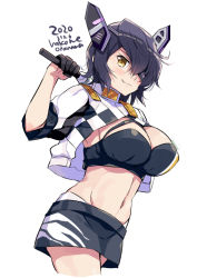 Rule 34 | 1girl, alternate costume, black gloves, black skirt, blush, breasts, cleavage, cropped jacket, cropped legs, dated, eyepatch, gloves, headgear, jacket, kantai collection, large breasts, navel, odawara hakone, one-hour drawing challenge, purple hair, race queen, short hair, short sleeves, simple background, skirt, solo, tenryuu (kancolle), twitter username, white background, white jacket, yellow eyes