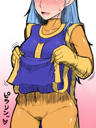 Rule 34 | 1girl, blue hair, blush, bodysuit, breasts, dragon quest, dragon quest iii, gloves, hat, impossible clothes, large breasts, long hair, looking at viewer, misonou hirokichi, mitre, orange bodysuit, priest (dq3), red eyes, skin tight, solo, spandex, square enix, tabard