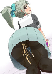 Rule 34 | 1girl, all fours, ass, bed sheet, black pantyhose, black shirt, blue bow, blue skirt, blush, bow, brown eyes, dutch angle, embarrassed, female focus, from behind, green hair, hair bow, hair ornament, half-closed eyes, kantai collection, knees together feet apart, looking at viewer, looking back, minamimachi naname, open mouth, panties, panties under pantyhose, pantyhose, peeing, peeing self, pleated skirt, ponytail, shirt, short sleeves, simple background, skirt, solo, tears, teeth, thighband pantyhose, underwear, upskirt, wet, wet clothes, wet panties, white background, wristband, yellow panties, yuubari (kancolle)