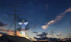 Rule 34 | 1girl, absurdres, angel wings, blue shirt, cloud, cloudy sky, facing away, floating hair, full body, highres, original, outdoors, power lines, rooftop, scenery, see-through, shirt, skirt, sky, solo, standing, standing on roof, sunset, wide shot, wings