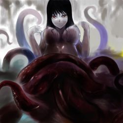 Rule 34 | black hair, breasts, creepy, monster girl, nipples, octopus, red eyes, tentacles
