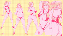 Rule 34 | 1girl, :p, ahoge, arm up, ass, bikini, blonde hair, bracelet, breasts, cleavage, clothing cutout, collar, collarbone, commentary request, dated, earrings, from behind, hand in own hair, hand to own mouth, hands on own thighs, high heels, highres, huge breasts, jewelry, limited palette, long hair, looking at viewer, mole, mole under eye, multiple views, nail polish, navel, navel cutout, o-ring, one-piece swimsuit, original, orushibu, plaid, plaid background, plump, ponytail, short hair, slingshot swimsuit, spread legs, standing, sweat, swimsuit, tears, tongue, tongue out, wet, yellow background