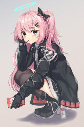Rule 34 | 1girl, ambriel (arknights), arknights, black bow, black footwear, black gloves, black jacket, black skirt, black thighhighs, boots, bow, brown eyes, commentary request, food, food in mouth, full body, gloves, grey background, grey shirt, hair between eyes, hair bow, hair ornament, hairclip, halo, highres, holding, jacket, kogetsu azami, long hair, long sleeves, mouth hold, one side up, open clothes, open jacket, pink hair, pocky, puffy long sleeves, puffy sleeves, shadow, shirt, skirt, solo, thighhighs, thighhighs under boots, very long hair