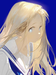Rule 34 | 1girl, absurdres, blonde hair, blue background, blue eyes, chinese commentary, closed mouth, commentary request, dabanya380, highres, kofune ushio, long hair, looking at viewer, sailor collar, school uniform, shirt, simple background, solo, summertime render, upper body, white shirt