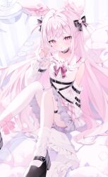 Rule 34 | 1girl, absurdres, animal ears, arm behind back, band, butterfly net, doll, dress, hand net, hand up, highres, holding, holding doll, jewelry, knot, long hair, neck ring, neck snap, necktie, okomeillust, open mouth, original, pink eyes, pink hair, pink ribbon, ribbon, sitting, socks, very long hair, white dress, white socks