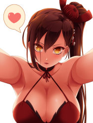Rule 34 | 1girl, armpits, azur lane, blush, breasts, brown hair, cleavage, commentary, eyes visible through hair, eyeshadow, flower, hair flower, hair ornament, heart, khnchak, large breasts, lipstick, long hair, looking at viewer, makeup, out of frame, outstretched arms, parted lips, pov, solo, spoken heart, yellow eyes, zuikaku (azur lane)