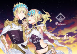 Rule 34 | 1boy, 1girl, armlet, armor, black shirt, blonde hair, blue eyes, blush, bracer, breasts, brother and sister, castor (fate), collar, covered navel, diadem, fate/grand order, fate (series), faulds, gradient sky, halterneck, highres, looking at another, medium hair, metal collar, night, night sky, open mouth, pauldrons, pollux (fate), purple sky, robe, shimi to ufu, shirt, short hair, shoulder armor, siblings, sky, small breasts, smile, star (sky), starry sky, sunset, twilight, twins, white robe