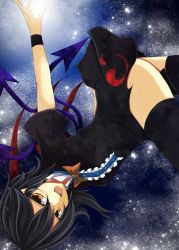 Rule 34 | &gt;:d, 1girl, :d, akisome hatsuka, asymmetrical wings, black dress, black hair, black legwear, bow, brown eyes, dress, houjuu nue, looking at viewer, open mouth, short hair, smile, solo, touhou, upside-down, v-shaped eyebrows, wings, wristband