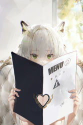 Rule 34 | 1girl, absurdres, animal ear fluff, animal ears, arknights, breasts, chair, chinese commentary, cleavage, commentary request, copyright name, green eyes, highres, holding, holding menu, indoors, kal&#039;tsit (arknights), large breasts, menu, omone hokoma agm, open clothes, open shirt, shirt, signature, solo, upper body, white hair, white shirt