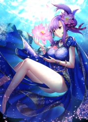 Rule 34 | 1girl, arrow (tamawo222), bead necklace, beads, bracelet, breasts, closed mouth, earrings, fate/grand order, fate (series), flower, folded ponytail, hair flower, hair ornament, hair ribbon, highres, impossible clothes, indian clothes, jewelry, large breasts, lotus, matou sakura, necklace, parvati (fate), purple eyes, purple hair, red ribbon, ribbon, short sleeves, smile, solo, thighs, underwater