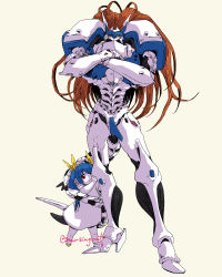 Rule 34 | 2girls, aged down, child, clenched hand, crossed arms, dizzy (guilty gear), guilty gear, hair ribbon, highres, humanoid robot, justice (guilty gear), looking at viewer, looking down, mechanical tail, mother and daughter, multiple girls, protecting, red hair, ribbon, robot, science fiction, simple background, smirkingcat, standing, tail, tail wrap, twintails, twitter username, yellow eyes