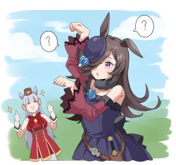 Rule 34 | 2girls, = =, ?, animal ears, arms up, bare shoulders, blue flower, blue rose, blush, brown hair, dagger, double thumbs up, dress, flower, gloves, gold ship (umamusume), grey hair, hair over one eye, hat, hat flower, horse ears, hoshiko (419401x), knife, long hair, long sleeves, multiple girls, off-shoulder shirt, off shoulder, open mouth, paw pose, purple dress, purple eyes, purple headwear, rabbit pose, rice shower (umamusume), rose, sheath, sheathed, shirt, solo focus, spoken question mark, thumbs up, triangle mouth, umamusume, upper body, weapon, white gloves
