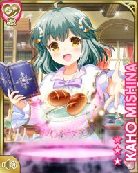 Rule 34 | 1girl, belt, bookshelf, bow, brown eyes, candy, card (medium), character name, collarbone, crescent, crescent hair ornament, day, desk, flask, food, frilled sleeves, frills, girlfriend (kari), green hair, hair ornament, indoors, mishina kaho, official art, open mouth, pink bow, pink skirt, qp:flapper, shirt, short hair, skirt, smile, solo, tagme, wheat, white shirt, window
