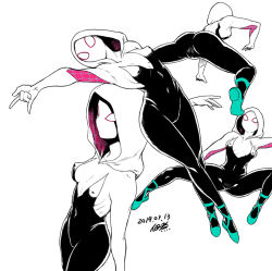 Rule 34 | 1girl, ass, bodysuit, breasts, cameltoe, covered erect nipples, covered navel, formal, gwen stacy, hood, marvel, small breasts, solo, spider-gwen, spider-man: into the spider-verse, spider-man (series), spider-verse, spider web print, suit, tsukudani (coke-buta)