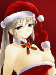 Rule 34 | 1girl, alternate costume, areola slip, bare shoulders, breasts, brown hair, bursting breasts, christmas, cleavage, detached collar, gradient background, hand up, hat, highres, large breasts, long hair, michael f91, red background, red eyes, santa costume, santa hat, shin sangoku musou, solo, strapless, upper body, wang yuanji