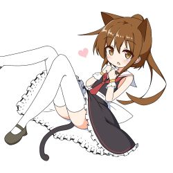 Rule 34 | 1girl, animal ears, ass, bare shoulders, black dress, blush, brown eyes, brown footwear, brown hair, cat ears, cat girl, cat tail, chestnut mouth, commentary request, dress, frilled dress, frills, fumizuki (kancolle), hair between eyes, heart, high ponytail, highres, ichi (ichi.colors), kantai collection, kemonomimi mode, knees up, looking at viewer, lying, necktie, on back, parted lips, ponytail, red necktie, sailor collar, sailor dress, shoes, sidelocks, simple background, sleeveless, sleeveless dress, solo, tail, thighhighs, white background, white sailor collar, white thighhighs
