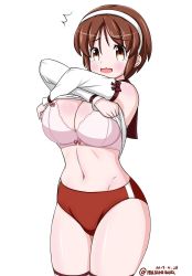 Rule 34 | 1girl, bra, breasts, brown eyes, brown hair, buruma, cleavage, clothes lift, commentary request, dated, detached sleeves, groin, hairband, kantai collection, large breasts, lifted by self, looking at viewer, masara (chuujou), natori (kancolle), one-hour drawing challenge, open mouth, pink bra, red buruma, school uniform, serafuku, shirt lift, short hair, simple background, solo, thighhighs, twitter username, underwear, undressing, wavy mouth, white background, white hairband