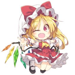 Rule 34 | 1girl, ascot, bat wings, blonde hair, blush, bow, chibi, crossed legs, fangs, flandre scarlet, frills, full body, hat, hat bow, kneeling, looking at viewer, low wings, mob cap, outstretched arms, pointy ears, puffy short sleeves, puffy sleeves, red eyes, satou kibi, shoes, short hair, short sleeves, side ponytail, simple background, skirt, skirt set, slit pupils, socks, solo, spread arms, touhou, white background, wings, wrist cuffs, yellow ascot
