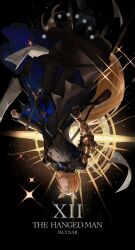 Rule 34 | 1boy, animal ear fluff, animal ears, arknights, arms at sides, bag, black background, black coat, black pants, black suit, blonde hair, character name, closed eyes, coat, commentary, english commentary, english text, formal, gauntlets, halo, highres, horse boy, horse ears, horse tail, kasumi yuzuha, male focus, mlynar (arknights), newspaper, pants, sheath, sheathed, short hair, simple background, single gauntlet, solo, sparkle, suit, sword, tail, tarot, upside-down, weapon