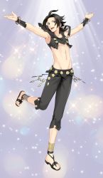 Rule 34 | 1boy, alternate costume, anklet, armlet, bracelet, circlet, cyrus (octopath traveler), dancer, dancing, feet, highres, jewelry, long hair, looking at viewer, male focus, midriff, navel, necklace, octopath traveler, octopath traveler i, open mouth, sandals, shikimiorange, short hair, simple background, smile, solo, toes