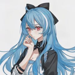 Rule 34 | 1girl, ahoge, arm belt, black bow, black shrug, blue hair, bow, breasts, chest belt, chest harness, chinese commentary, cleavage, collared shrug, commandant (punishing: gray raven), commentary, dress, floating hair, grey background, hair between eyes, hair bow, hand up, harness, long hair, looking at viewer, mole, mole under eye, multicolored hair, original, portrait, punishing: gray raven, red eyes, simple background, small breasts, solo, streaked hair, suyu (yingtao bailandi), white dress, yingtao bailandi