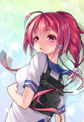 Rule 34 | 10s, 1girl, hair ribbon, i-168 (kancolle), kantai collection, long hair, one-piece swimsuit, open mouth, paint musume, personification, ponytail, red eyes, red hair, ribbon, school swimsuit, school uniform, serafuku, solo, swimsuit, swimsuit under clothes