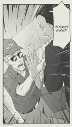Rule 34 | 2boys, bag, belt, dale gribble, closed eyes, glasses, hat, highres, king of the hill, monochrome, multiple boys, pocket, sand, scene reference, sunglasses, throwing, tyrone