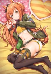 Rule 34 | 1girl, absurdres, animal ears, ass, bed sheet, black thighhighs, blush, breasts, brown eyes, brown hair, closed mouth, commentary request, crop top, frilled pillow, frills, green jacket, heart, heart hands, highres, horse ears, horse girl, horse tail, jacket, long hair, long sleeves, lying, mayano top gun (umamusume), midriff, navel, no shoes, on side, open clothes, open jacket, pillow, shirt, short shorts, shorts, small breasts, smile, solo, tail, thighhighs, two side up, umamusume, very long hair, wakuta chisaki, white shorts, yellow shirt