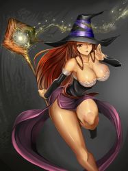 Rule 34 | 1girl, absurdres, bad id, bad pixiv id, bare shoulders, breasts, cleavage, collarbone, detached sleeves, dragon&#039;s crown, hat, highres, large breasts, long hair, one eye closed, red eyes, red hair, shijima (tanfn), solo, sorceress (dragon&#039;s crown), staff, thighs, witch hat