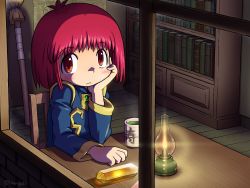 Rule 34 | 1girl, absurdres, bookshelf, broom, chair, cotton (character), cotton (game), crystal, cup, desk, hamigaki, head rest, highres, lantern, looking at viewer, looking outside, pink hair, robe, sitting, solo, table, tea, twitter username, window, witch