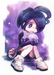 Rule 34 | 1boy, ahoge, allister (pokemon), black hair, chiimako, commentary request, creatures (company), full body, game freak, holding, holding mask, holster, long sleeves, looking down, male focus, mask, nintendo, poke ball, poke ball (basic), pokemon, pokemon swsh, purple eyes, shirt, shoes, short hair, shorts, sitting, solo, sweat, white footwear