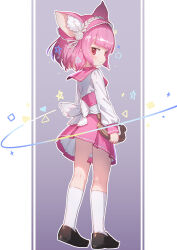 Rule 34 | 1girl, animal ears, black footwear, blush, character request, closed mouth, copyright request, from behind, gradient background, highres, holding, holding instrument, holding lyre, ikpde, instrument, kneehighs, long sleeves, looking at viewer, looking back, outline, pillarboxed, pink hair, pink skirt, pleated skirt, purple background, red eyes, short hair, skirt, socks, solo, star (symbol), white outline, white socks